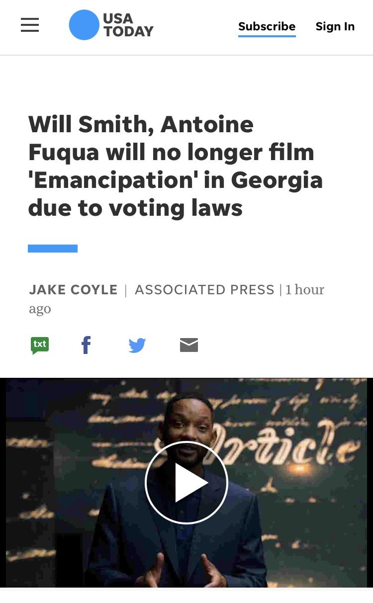 Will Smith will no longer film 'Emancipation in Georgia due to voting laws