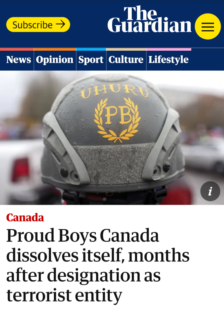 Canadian terrorist group Proud Boys dissolves.