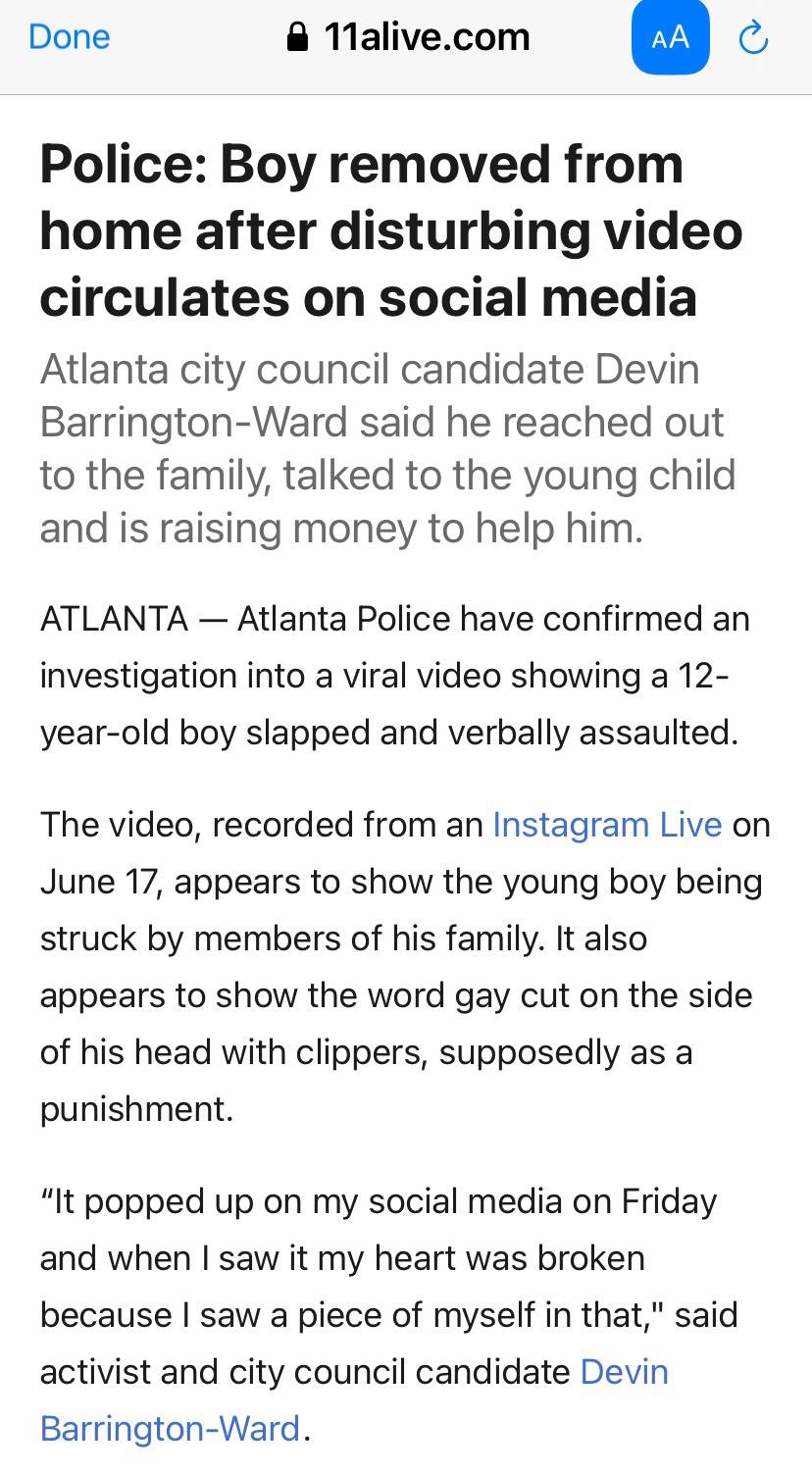 Atlanta Gay Child Removed from Family&rsquo;s Home after Instagram Video Posted Showing Word &ldquo;Gay&rdquo; Cut into His Hair. Family Seen Hitting and Threatening Child with Violence.